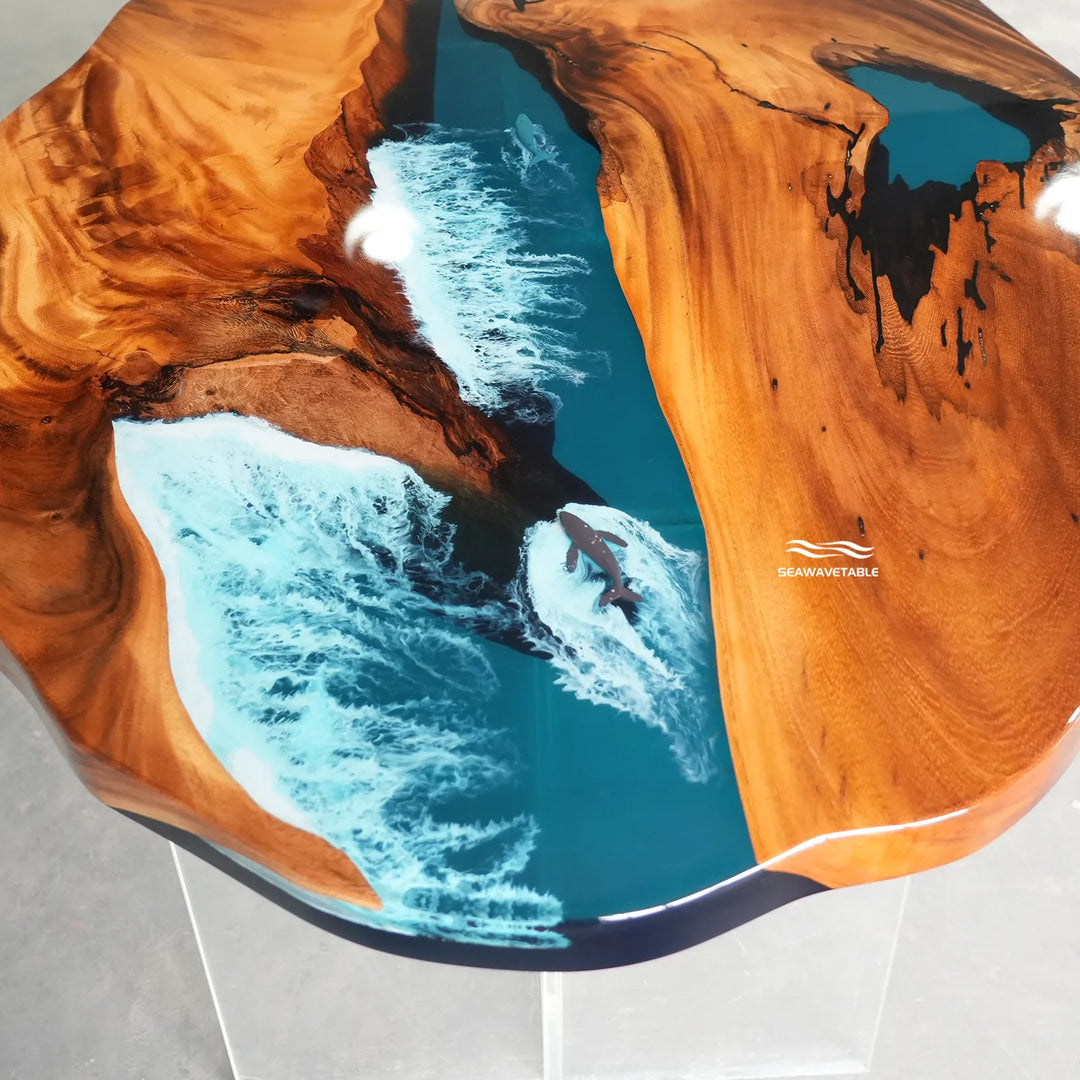 Seawavetable-Handcrafted custom oval live edge walnut resin coffee table multi-tone teal ocean wave full high gloss epoxy luxury lounge piece
