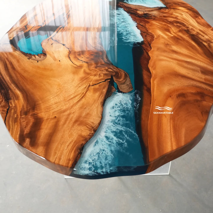 Seawavetable-Bespoke epoxy coffee table solid figured walnut ocean tidal wave resin glossy top organic oval live edge custom handmade furniture
