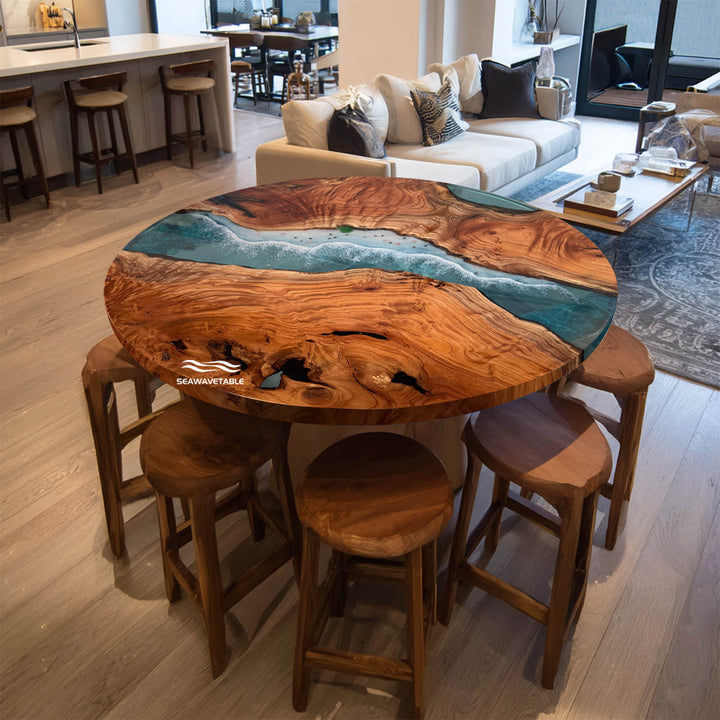Seawavetable-Handcrafted beech wood round epoxy coffee table with ocean wave design, high-gloss blue resin finish