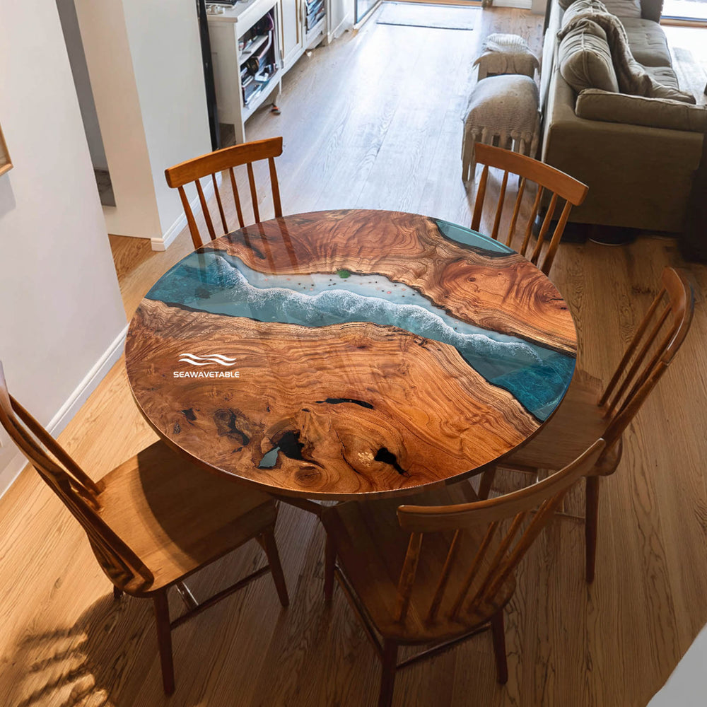 Seawavetable-Round beech wood epoxy river table with realistic blue ocean waves and white foam accents