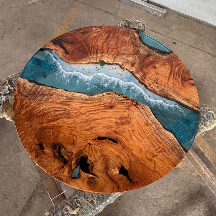 Seawavetable-Luxury coastal beech wood epoxy table multi-tone blue resin wave design, high-gloss finish