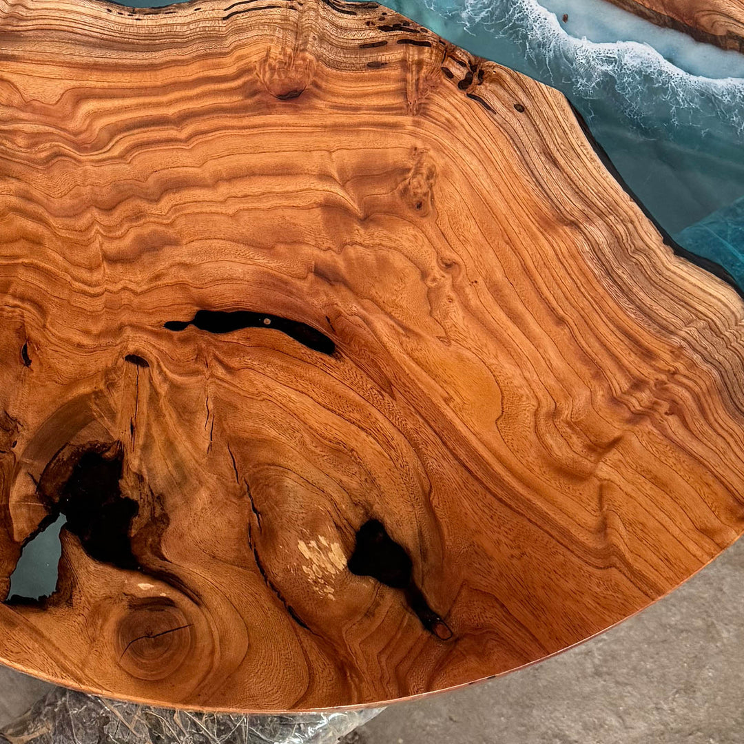 Seawavetable-Modern statement epoxy table round beech wood with ocean-inspired blue resin waves