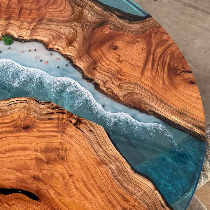 Seawavetable-Custom resin coffee table beech wood with handcrafted ocean wave blue epoxy design