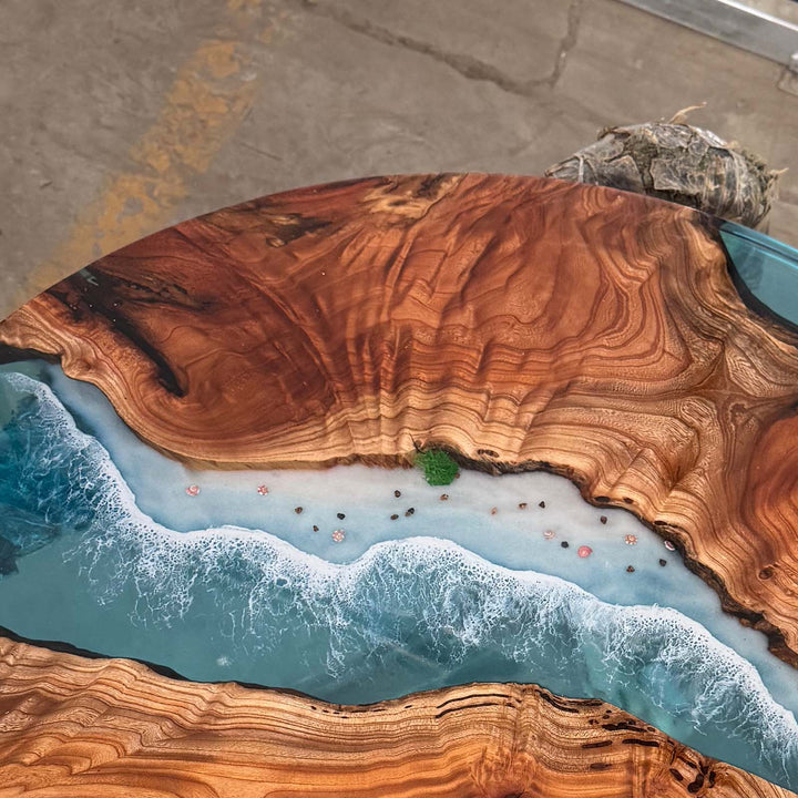 Seawavetable-High-gloss polished round blue epoxy river table beech wood with realistic shoreline details
