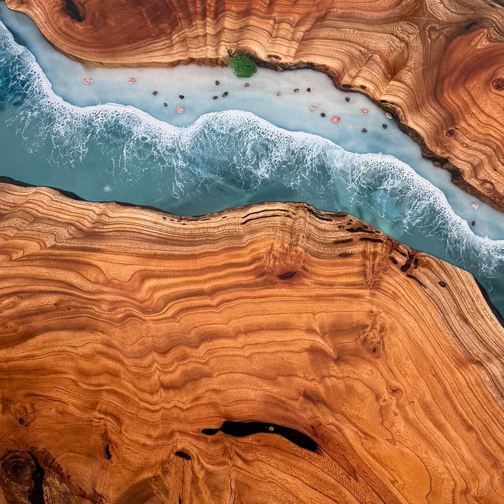 Seawavetable-Artisan functional art epoxy table beech wood round ocean wave design for living room