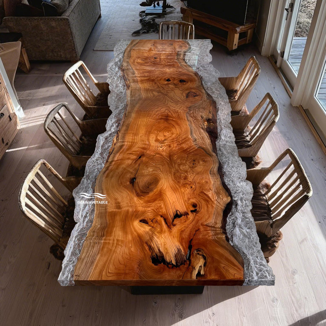 Seawavetable-Handcrafted beech wood table with high-gloss ice-crack resin – Georgia home