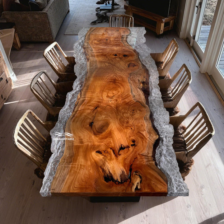 Seawavetable-Handcrafted beech wood table with high-gloss ice-crack resin – Georgia home