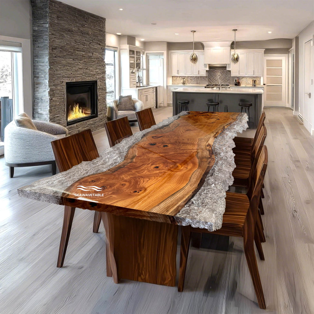 Seawavetable-Full-gloss beech wood dining table with ice-crack resin pattern – Georgia
