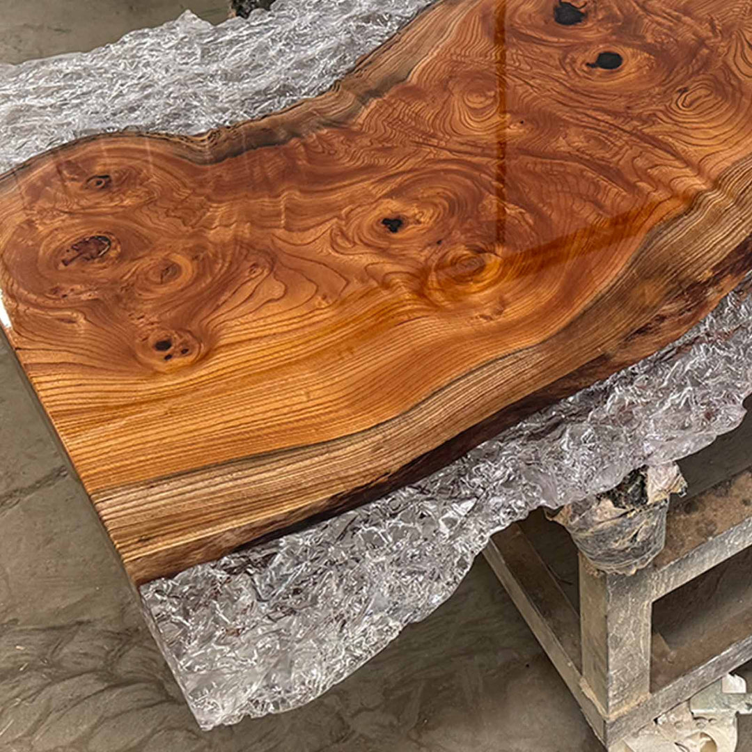 Seawavetable-Luxury full-gloss beech wood resin table with ice-crack details – GA