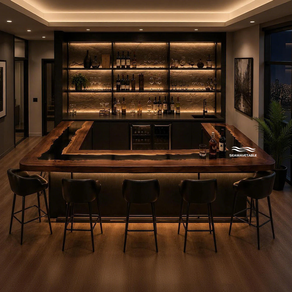 Seawavetable‑U‑shaped surround epoxy bar table black walnut with continuous matte black epoxy river countertop