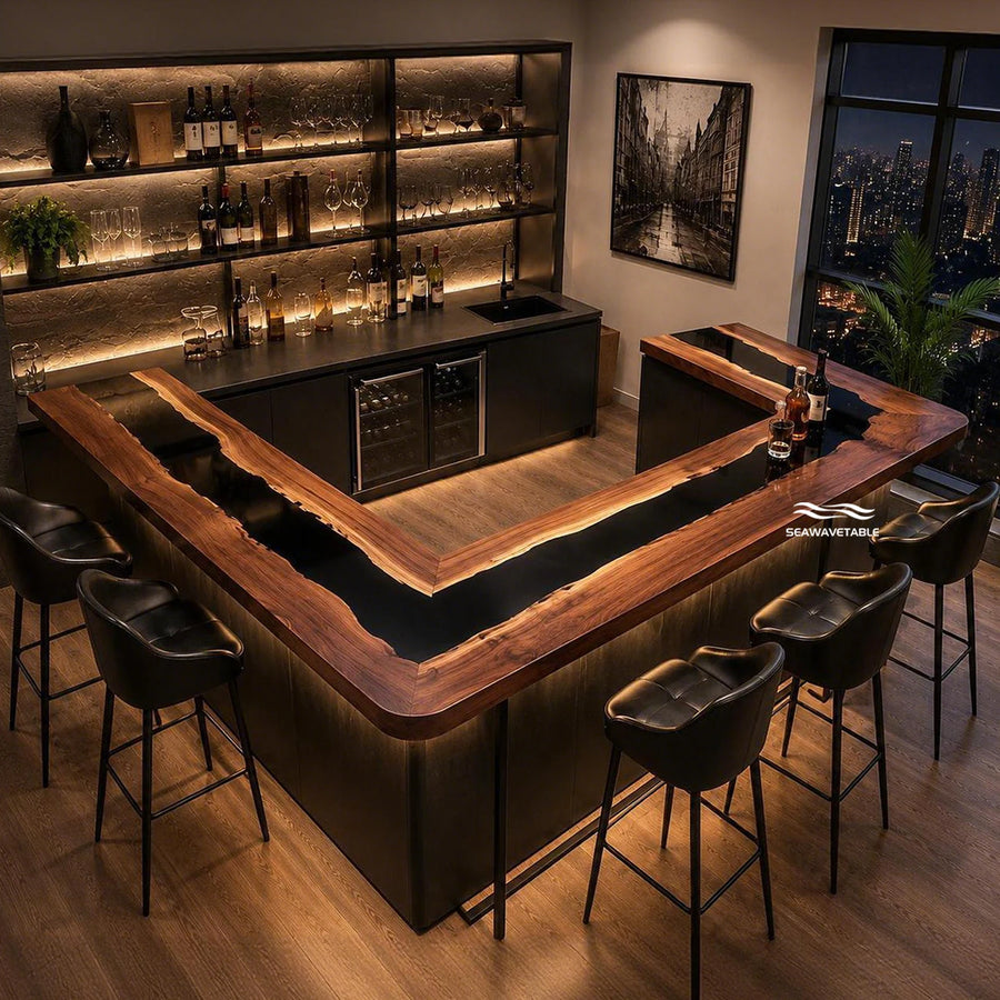 Seawavetable‑Handcrafted epoxy river table solid black walnut straight‑edge luxury home bar furniture