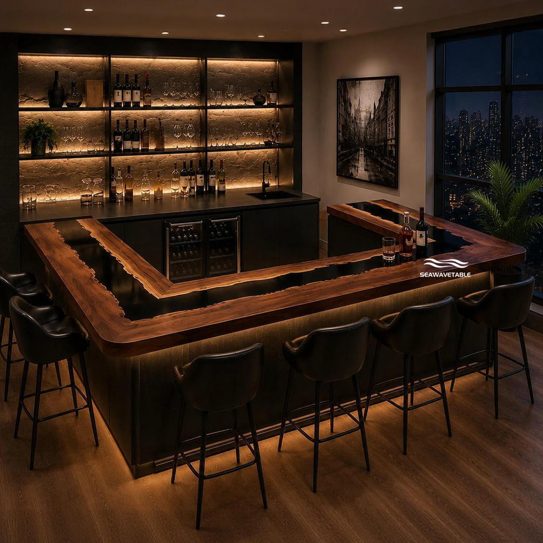 Seawavetable‑Premium black walnut epoxy table surround‑style U‑form matte black resin river bar top