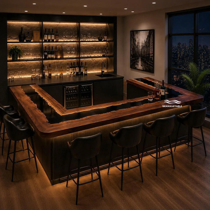 Seawavetable‑Premium black walnut epoxy table surround‑style U‑form matte black resin river bar top