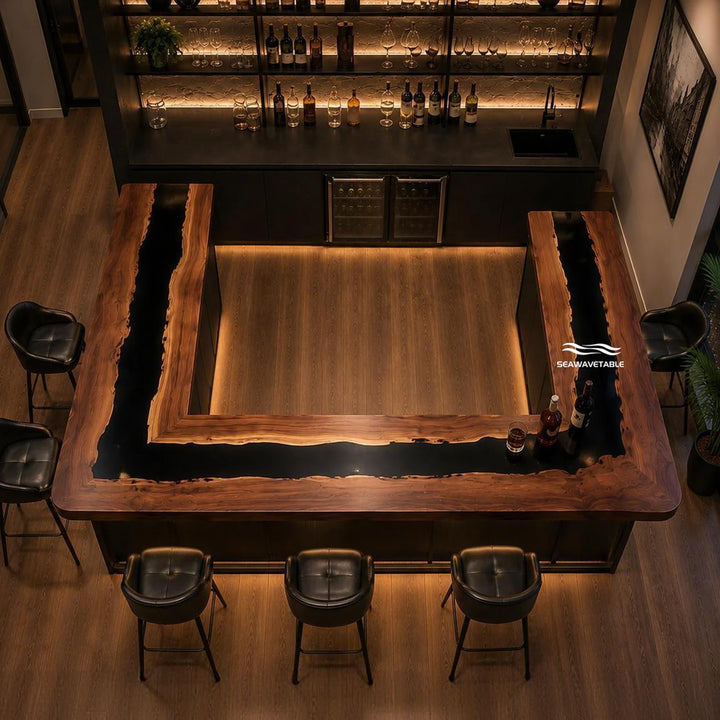 Seawavetable‑Modern statement epoxy table straight‑edge black walnut wrapping black epoxy river bar counter