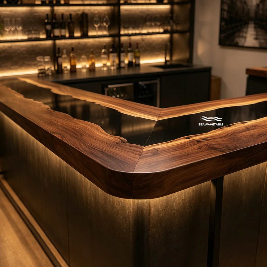Seawavetable‑Upscale black epoxy river table black walnut full surround home pub countertop