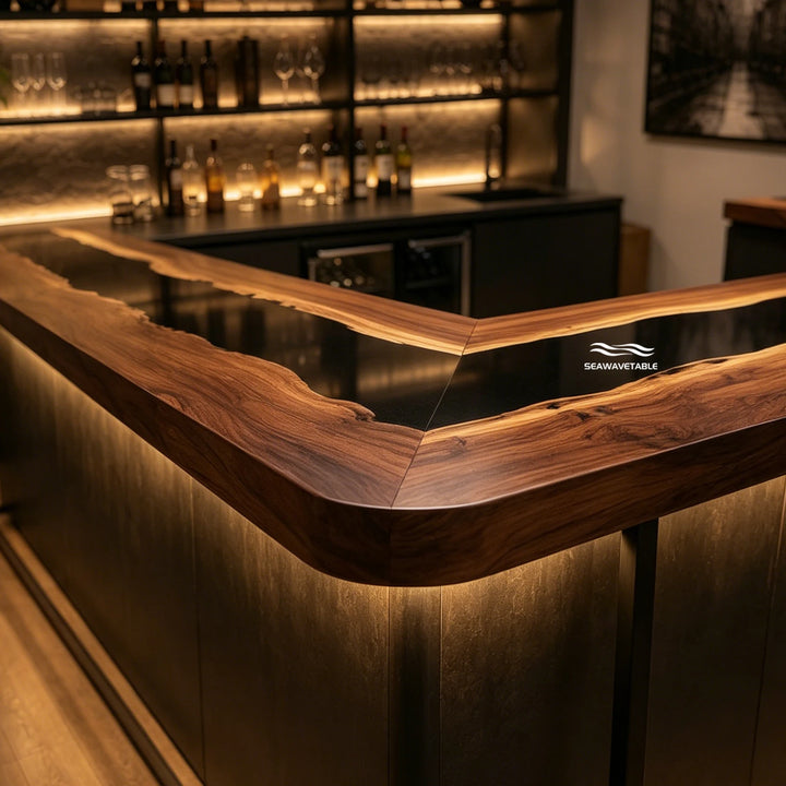 Seawavetable‑Upscale black epoxy river table black walnut full surround home pub countertop