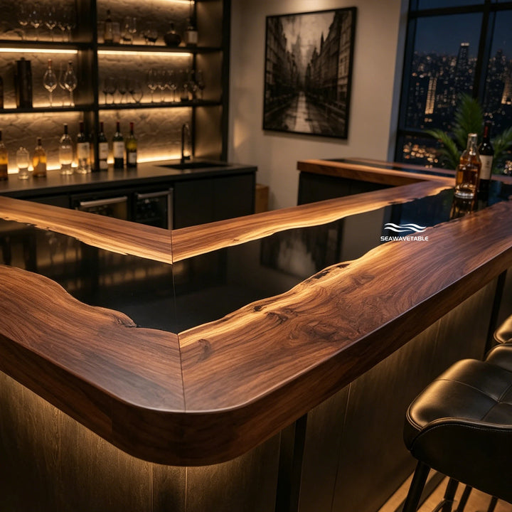 Seawavetable‑Sleek U‑shaped epoxy table heavy‑duty black walnut matte black resin river bar station