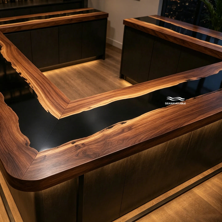 Seawavetable‑Functional art custom epoxy table black walnut U‑shaped social‑centric bar counter