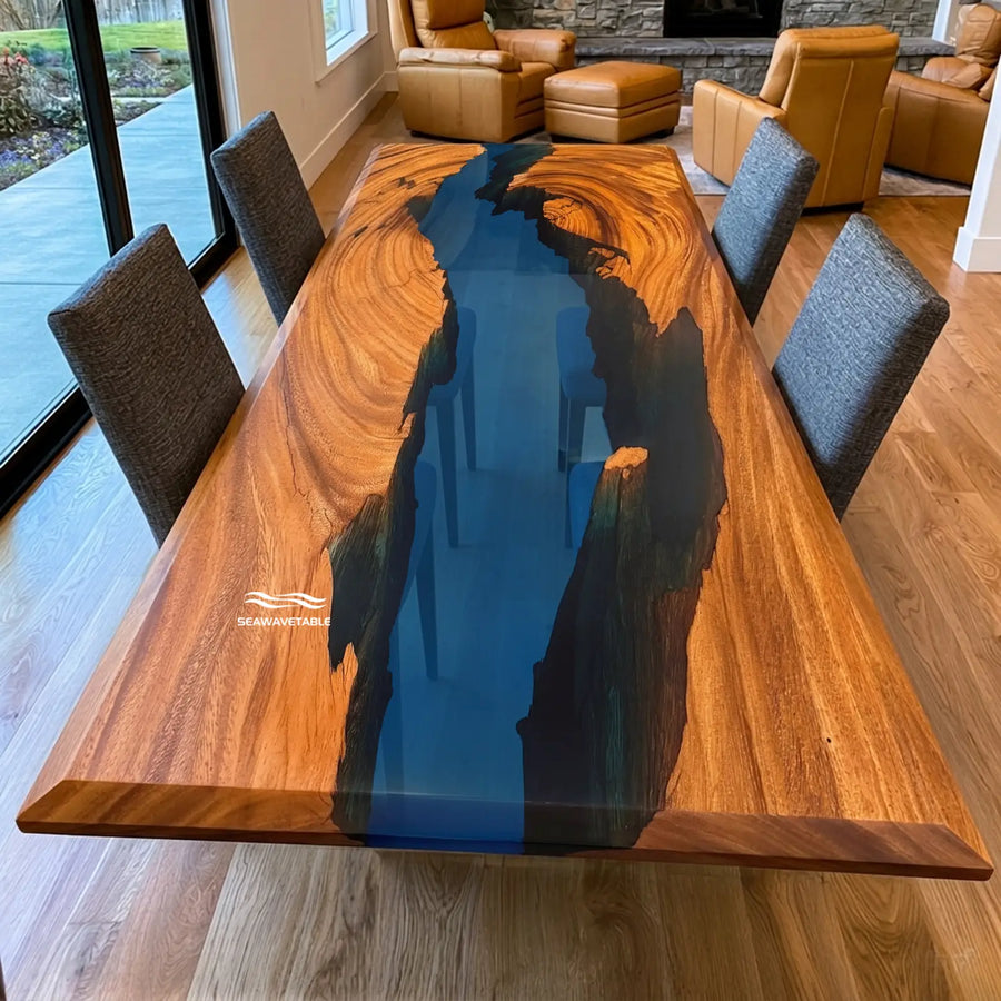 Seawavetable‑solid walnut epoxy river console table beveled edge high gloss finish