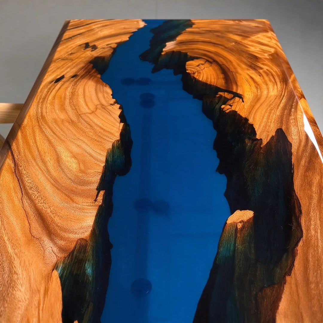 Seawavetable‑beveled edge resin console table warm rich walnut wood tones