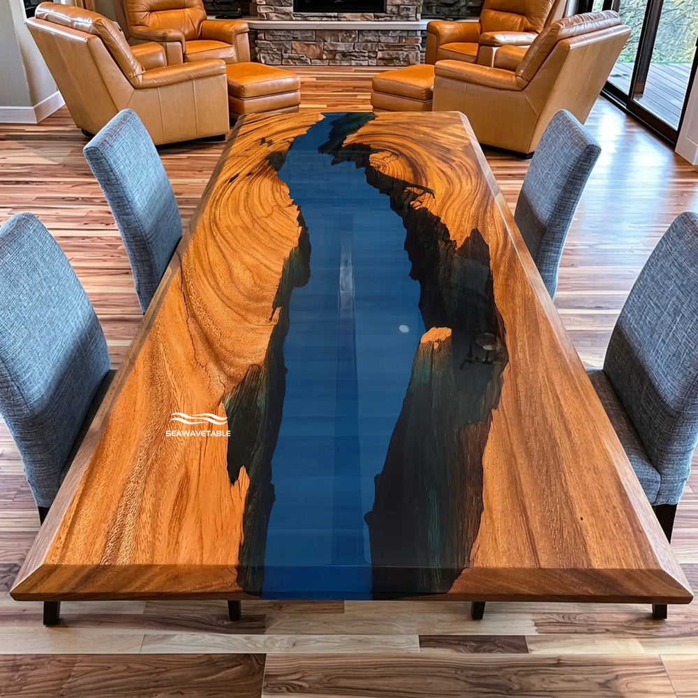 Seawavetable‑clear blue epoxy river console table natural walnut wood slab