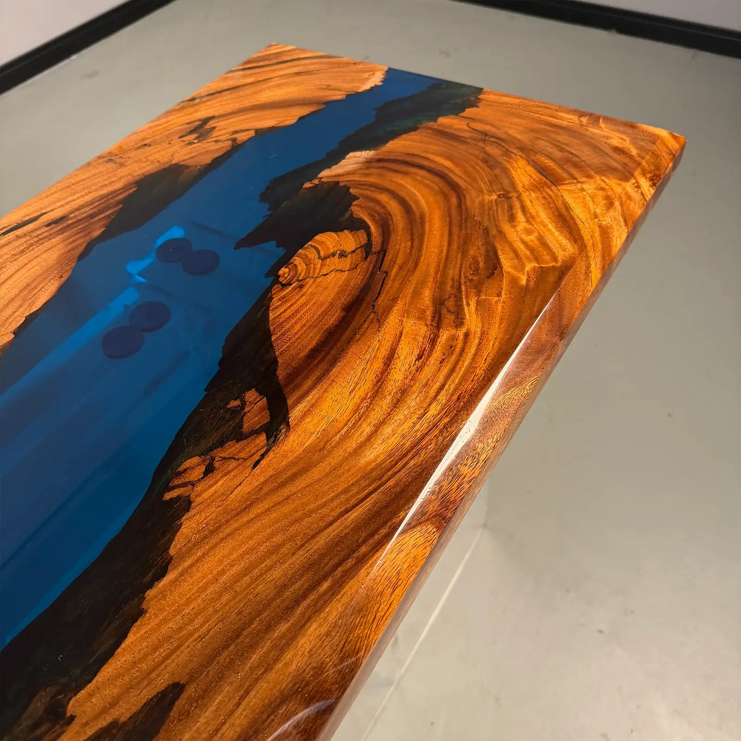 Seawavetable‑transparent blue epoxy river through solid walnut console table