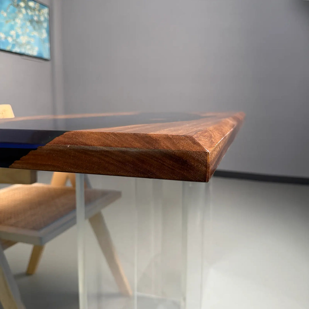 Seawavetable‑2‑inch thick walnut slab console table clear blue resin inlay