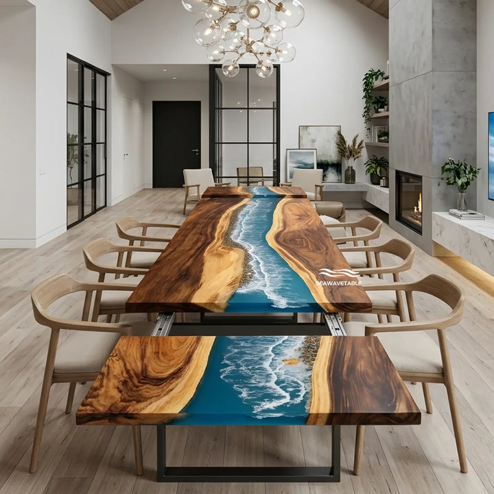 Seawavetable- solid walnut extendable ocean wave epoxy dining table teal resin embedded shells pebbles high gloss straight edge