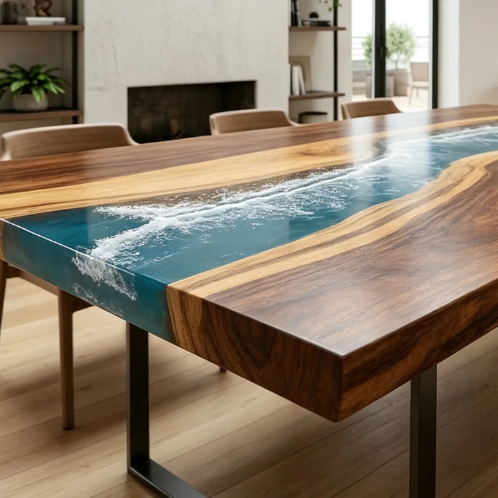 Seawavetable- walnut extendable ocean epoxy table retracted for compact daily family meals