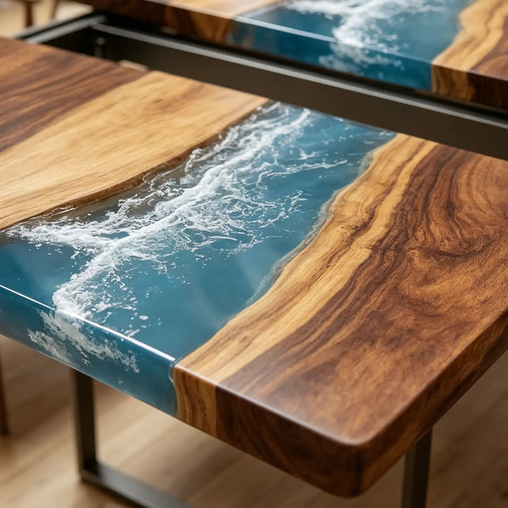 Seawavetable- custom made epoxy wood extendable dining centerpiece clean straight edge