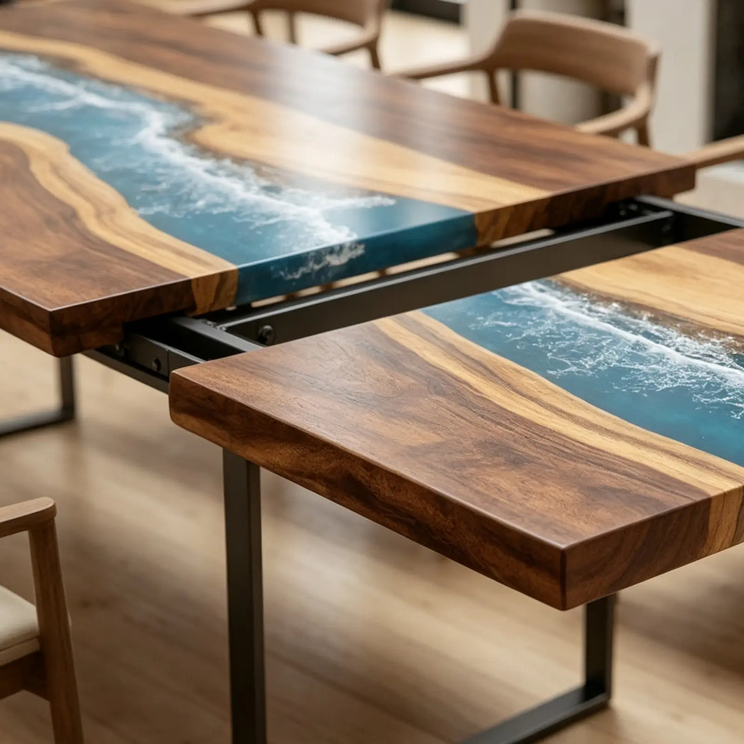 Seawavetable- luxury teal ocean wave resin dining table coastal modern home interior