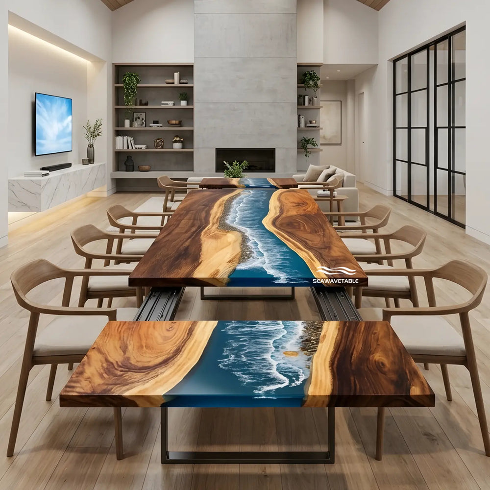 Seawavetable- custom ocean wave epoxy extendable dining table designed for large family gatherings