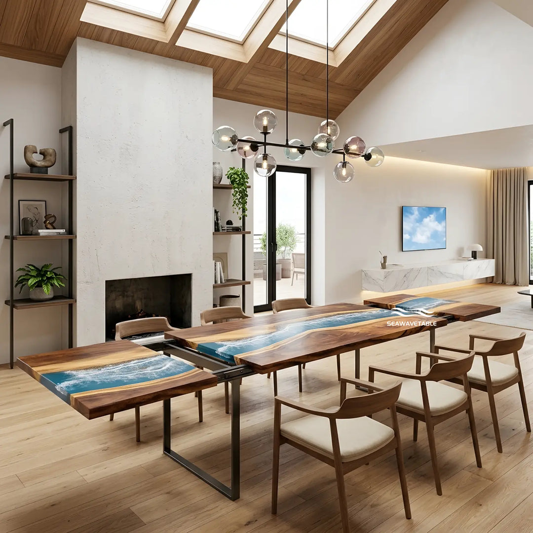 Seawavetable- high gloss teal ocean resin walnut extendable dining table modern open dining room