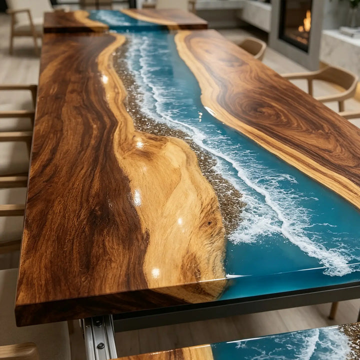 Seawavetable- handcrafted teal ocean wave epoxy extendable dining table coastal home interior