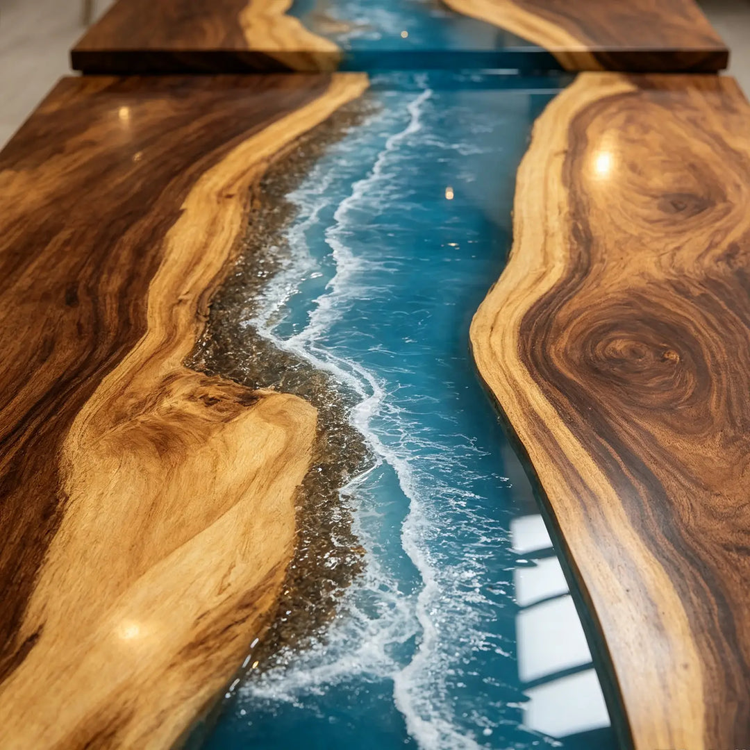 Seawavetable- close up of mirror high gloss teal ocean wave resin with shells and pebbles on walnut tabletop