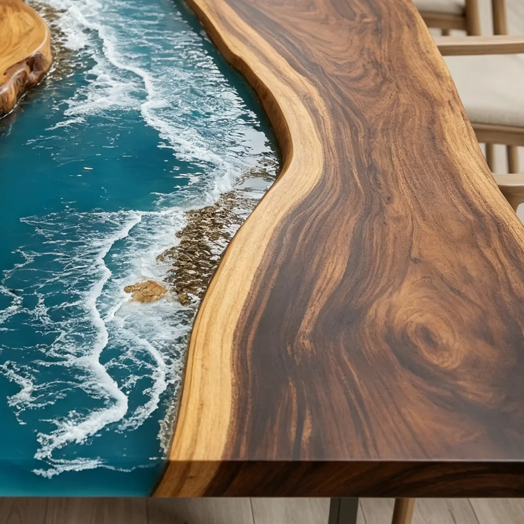 Seawavetable- walnut extendable ocean epoxy table retracted for compact daily family meals