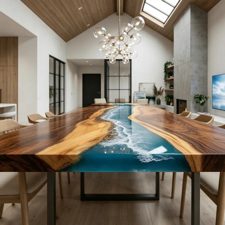 Seawavetable- straight edge solid walnut ocean wave epoxy table fully extended setup
