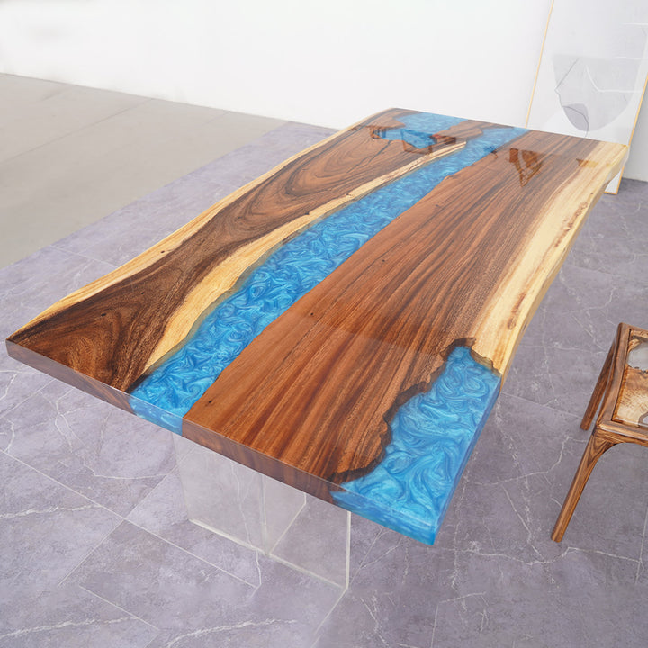 Seawavetable-Handmade walnut epoxy table with marine blue resin river