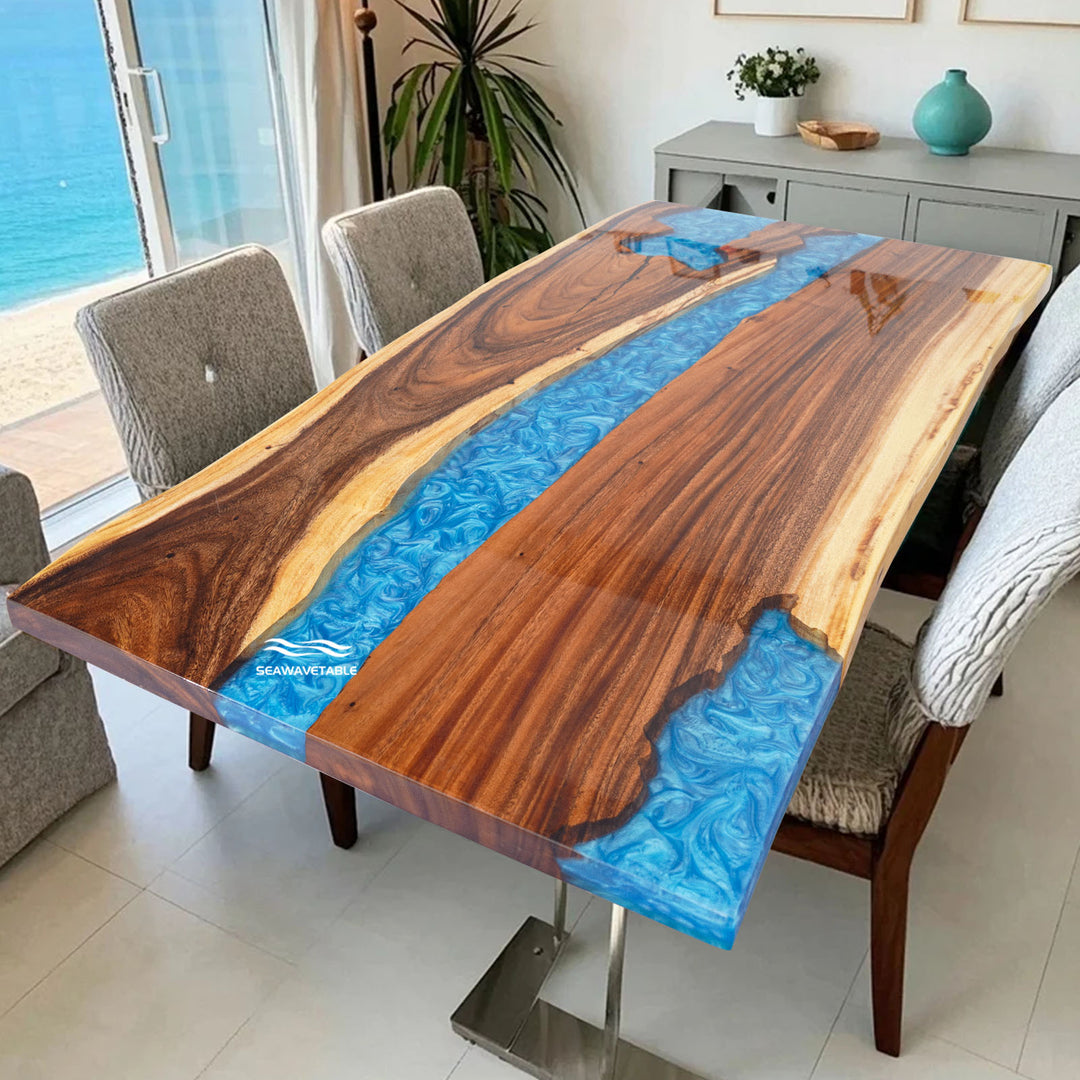 Seawavetable-walnut epoxy table featuring vibrant blue river design