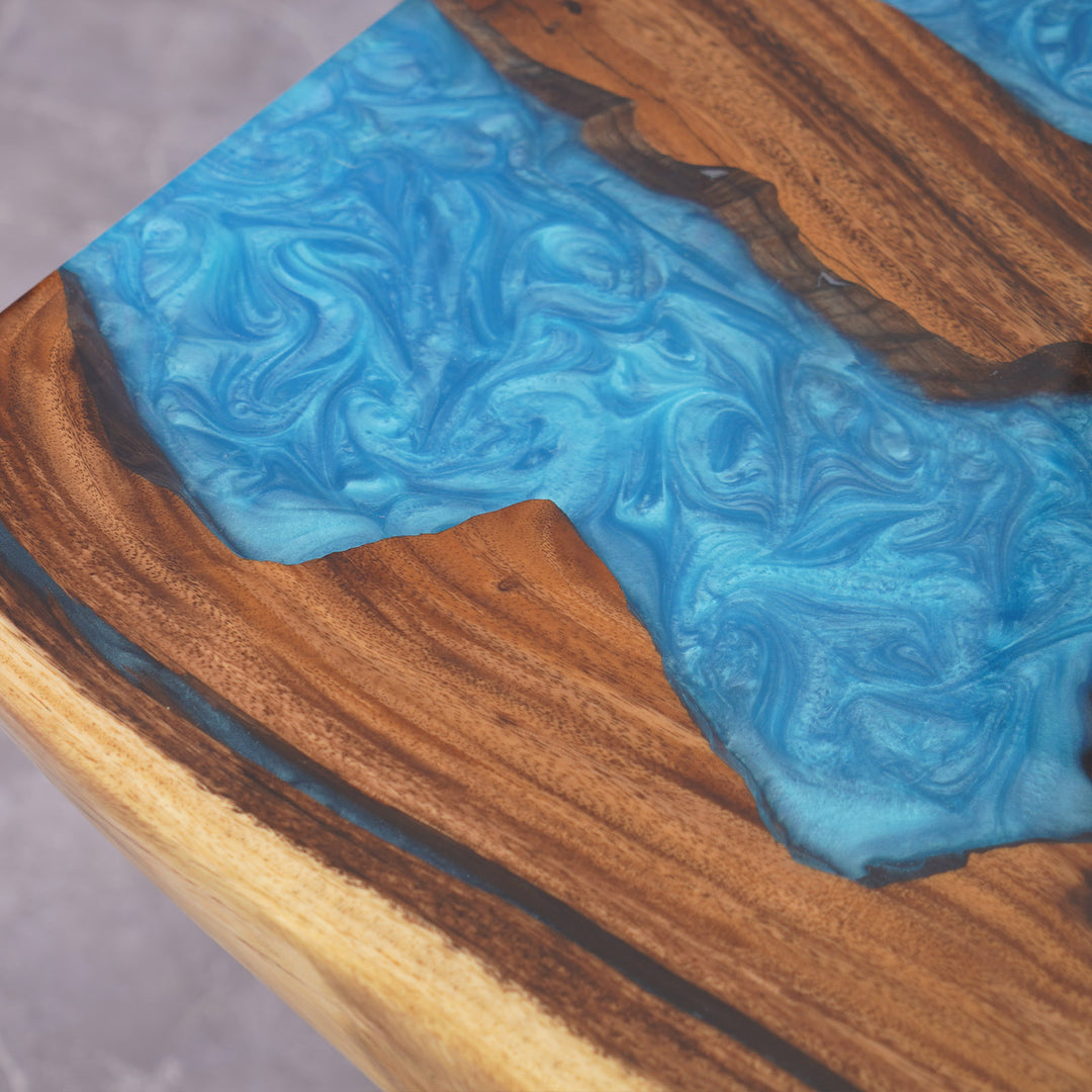 Seawavetable-Modern walnut epoxy dining table with live edge and blue resin