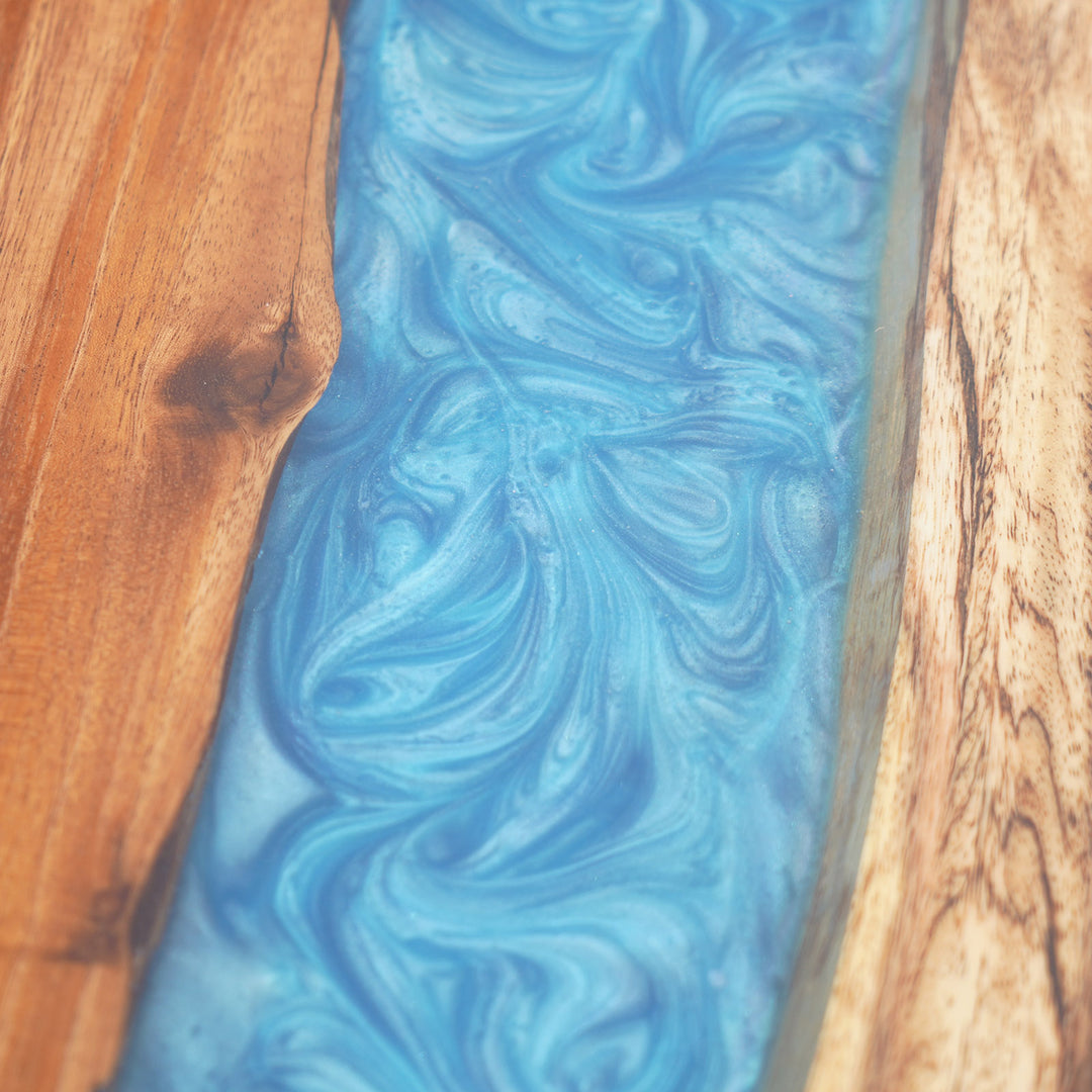 Seawavetable-Artistic epoxy table with swirling blue resin and walnut wood