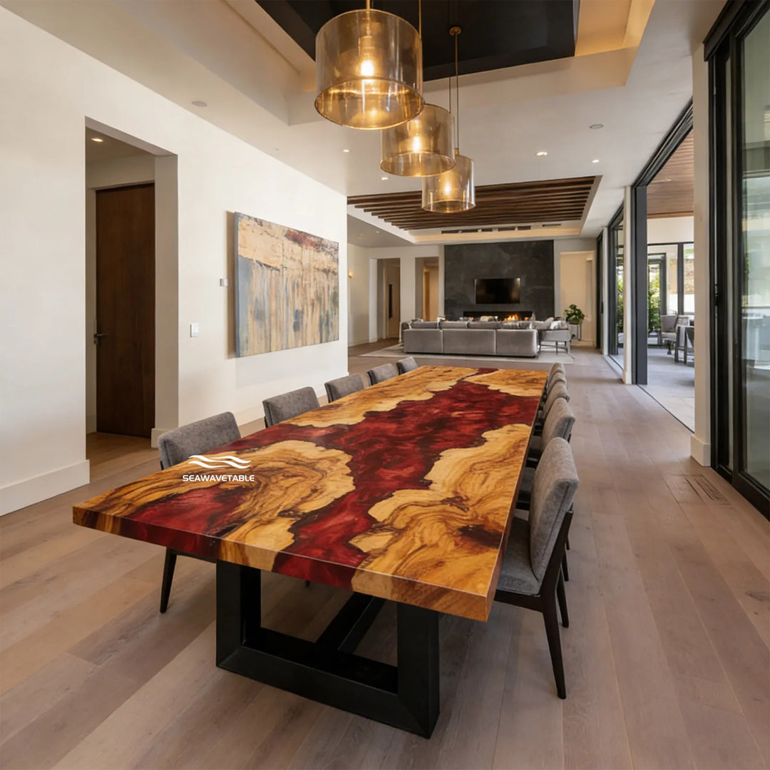 Seawavetable-modern olive wood epoxy river table red resin center