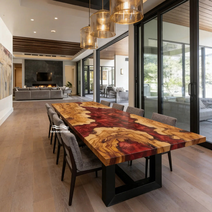 Seawavetable-custom red epoxy dining table olive wood grain detail