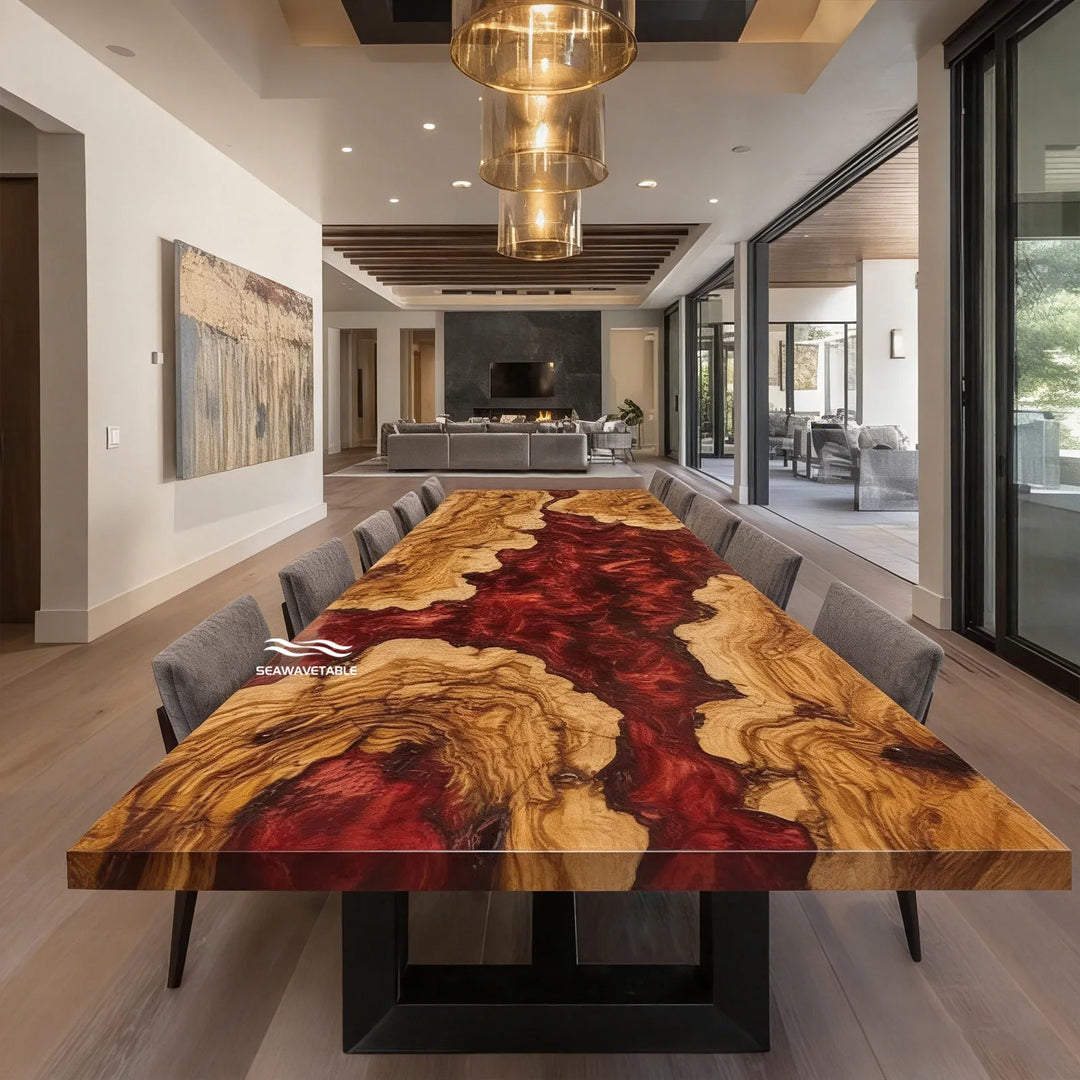 Seawavetable-olive wood red epoxy dining table high gloss finish