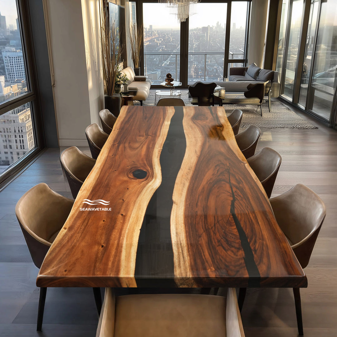 Seawavetable- walnut epoxy river table live edge glossy black resin executive desk