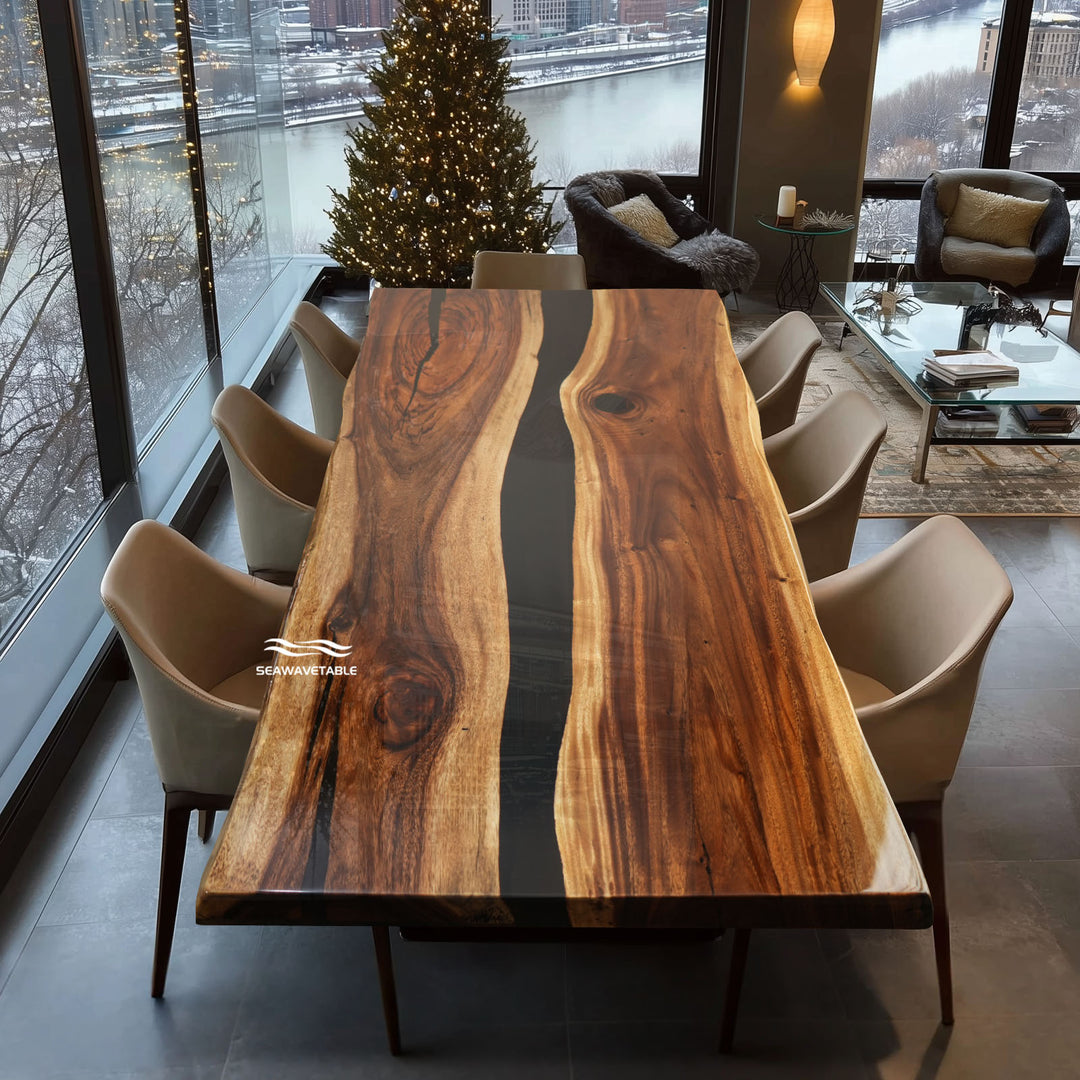 Seawavetable- luxury epoxy conference table walnut black resin river executive workspace