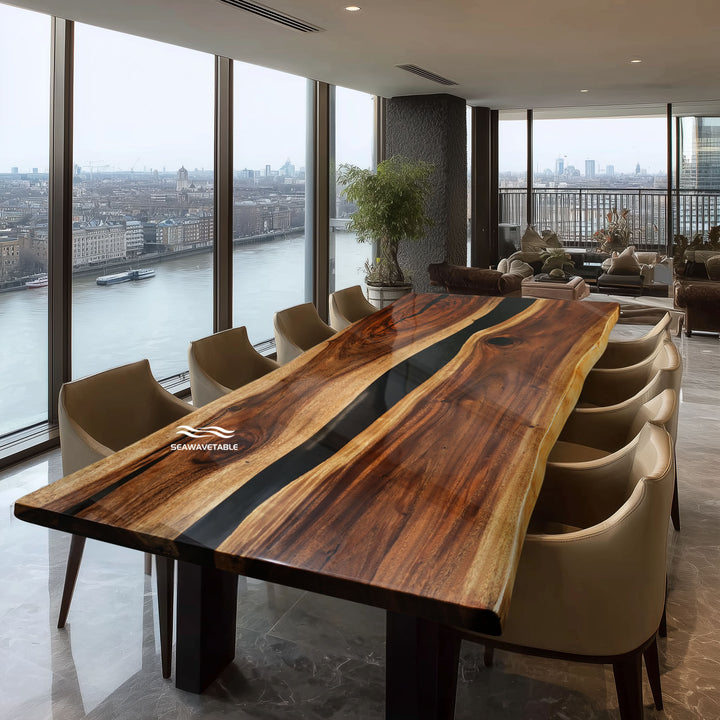 Seawavetable- walnut live edge conference table epoxy river design modern office table