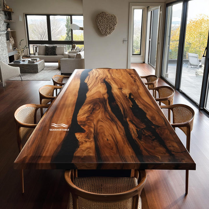Seawavetable- walnut black resin dining table matte beveled edge modern river centerpiece