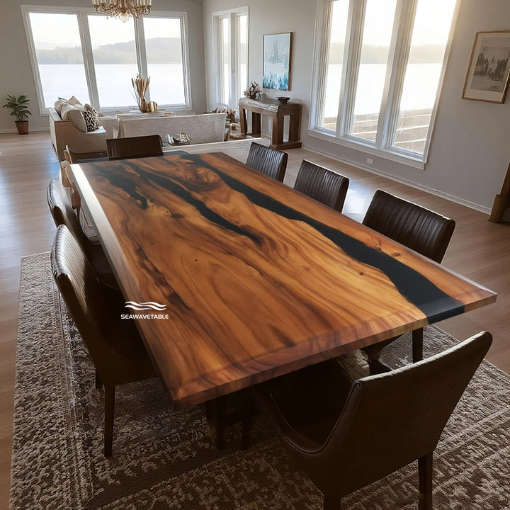 Seawavetable- walnut resin river dining table black inlay matte modern dining furniture