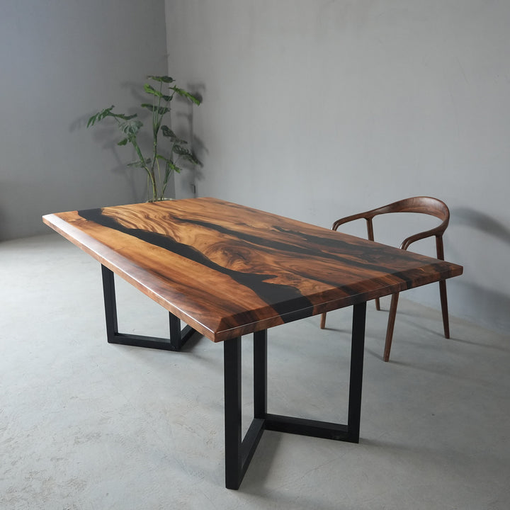 Seawavetable- walnut black epoxy dining table matte finish angled edge custom river table